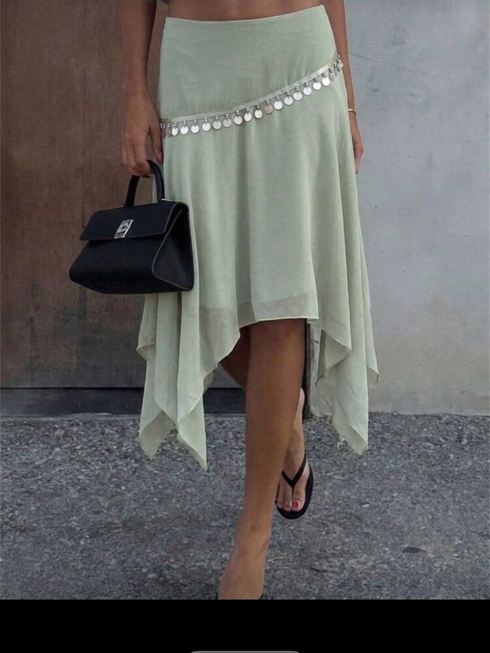 SHEIN Sage Green Asymmetrical Handkerchief Hem Skirt with Silver Coin Detail